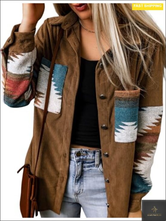 Tops - Women's Corduroy Flannel Shirt Shacket Long Sleeve Button Down with Pockets